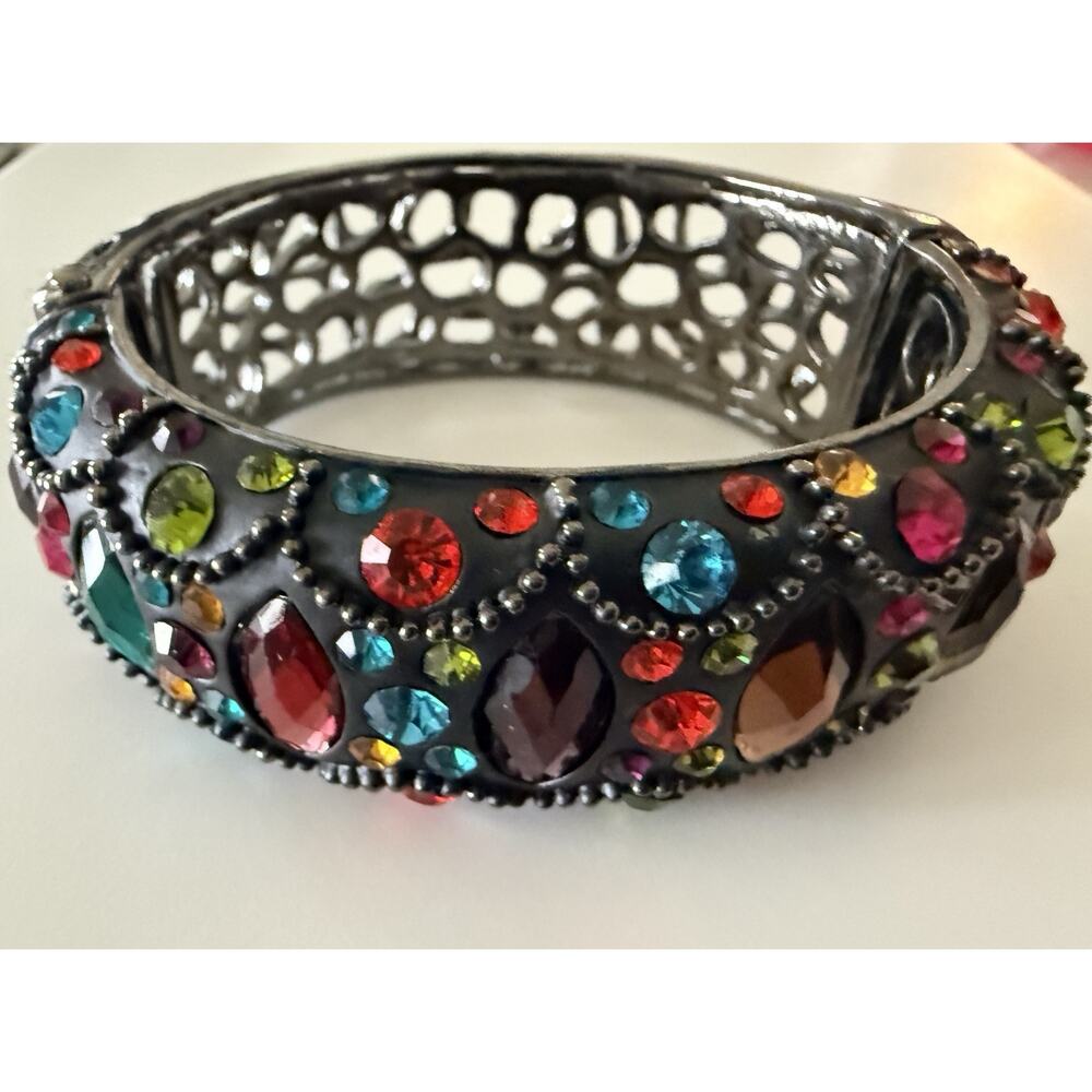 Colorful Rhinestone faux Gemstone Bangle Bracelet 9.5 Inches, Bedazzled